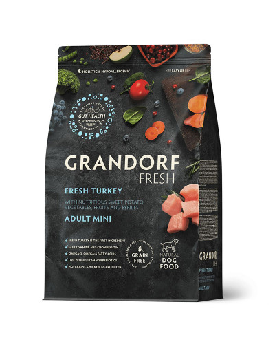 Grandorf Fresh для взрослых собак мелких пород, свежее мясо индейки с бататом, диетическая формула для особо аллергичных собак 