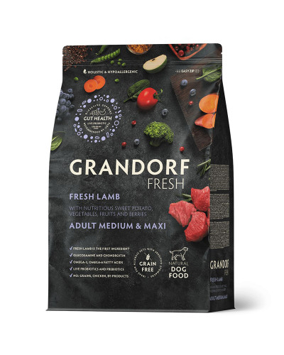 Grandorf Fresh для взрослых собак средних и крупных пород, свежее мясо ягненка с бататом, чувствительное пищеварение или склонность к аллергии 