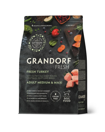 Grandorf Fresh для взрослых собак средних и крупных пород, свежее мясо индейки с бататом, диетическая формула для особо аллергичных собак 