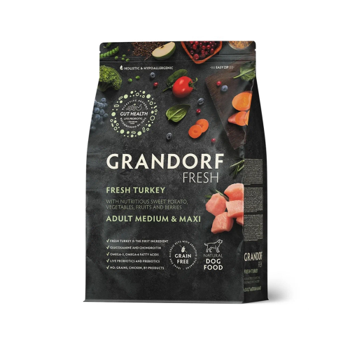 Grandorf Fresh для взрослых собак средних и крупных пород, свежее мясо индейки с бататом, диетическая формула для особо аллергичных собак 