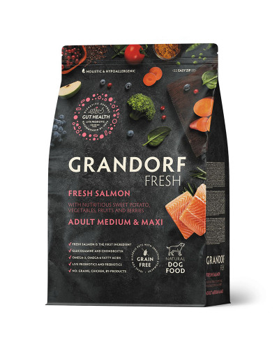 Grandorf Fresh для взрослых собак средних и крупных пород, свежее филе лосося с бататом, для здоровья кожи и шерсти или склонных к аллергии