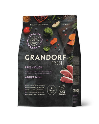 Grandorf Fresh для взрослых собак средних и крупных пород, свежее мясо утки с бататом, диетическая формула для особо аллергичных собак