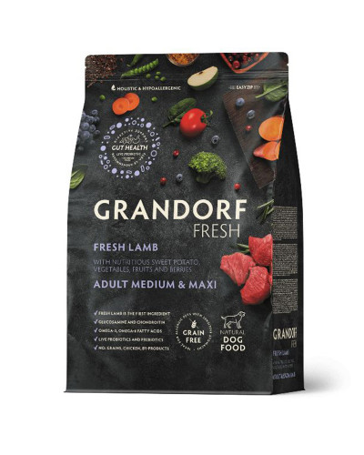Grandorf Fresh для взрослых собак крупных пород, свежее мясо ягненка с бататом, чувствительное пищеварение или склонность к аллергии 