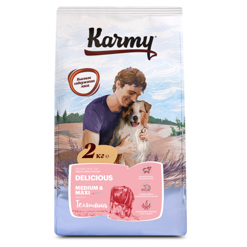 Karmy Delicious Medium & Maxi cухой корм для привередливых собак средних и крупных старше 1 года, с телятиной 14 кг