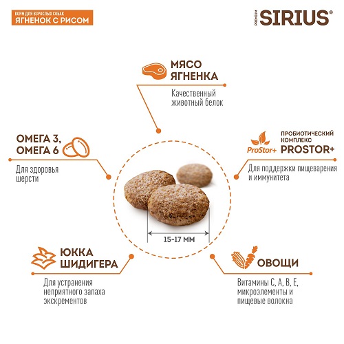 Sirius сухой корм для взрослых собак с ягнёнком и рисом
